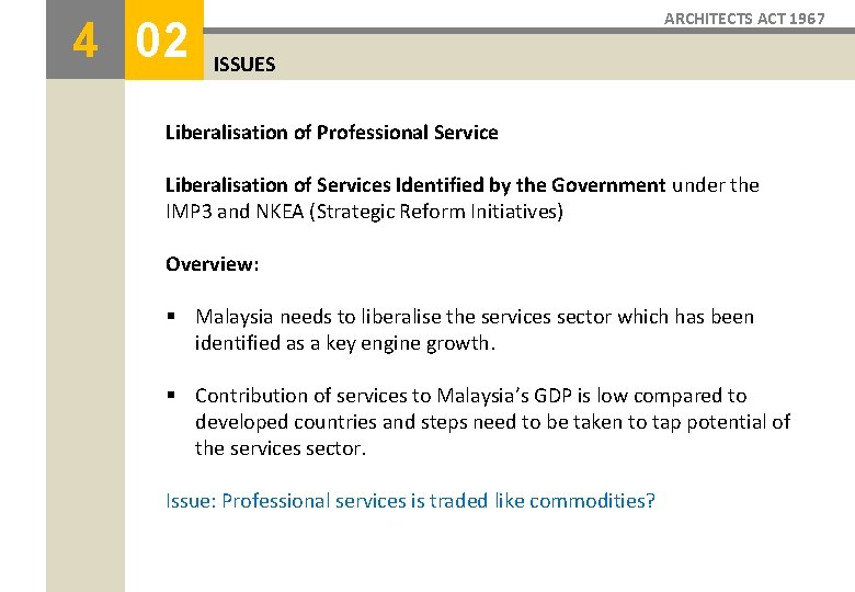 4 02 ARCHITECTS ACT 1967 ISSUES Liberalisation of Professional Service Liberalisation of Services Identified