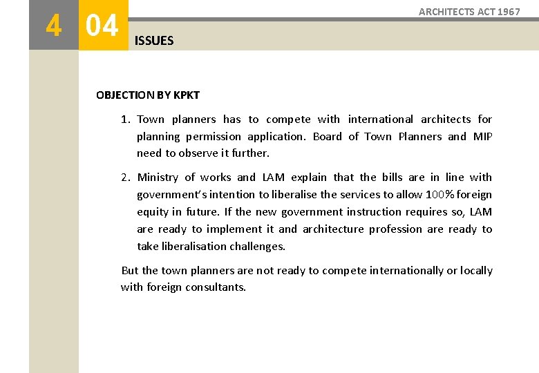 4 04 ARCHITECTS ACT 1967 ISSUES OBJECTION BY KPKT 1. Town planners has to