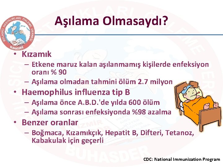 Aşılama Olmasaydı? • Kızamık – Etkene maruz kalan aşılanmamış kişilerde enfeksiyon oranı % 90