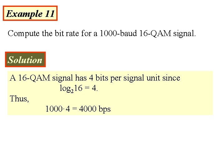 Example 11 Compute the bit rate for a 1000 -baud 16 -QAM signal. Solution