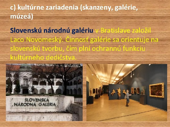 c) kultúrne zariadenia (skanzeny, galérie, múzeá) Slovenskú národnú galériu v Bratislave založil Laco Novomeský.