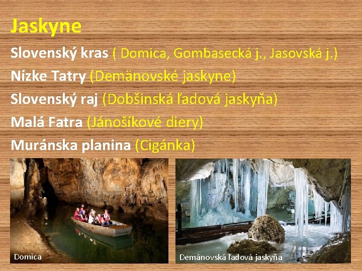 Jaskyne Slovenský kras ( Domica, Gombasecká j. , Jasovská j. ) Nízke Tatry (Demänovské