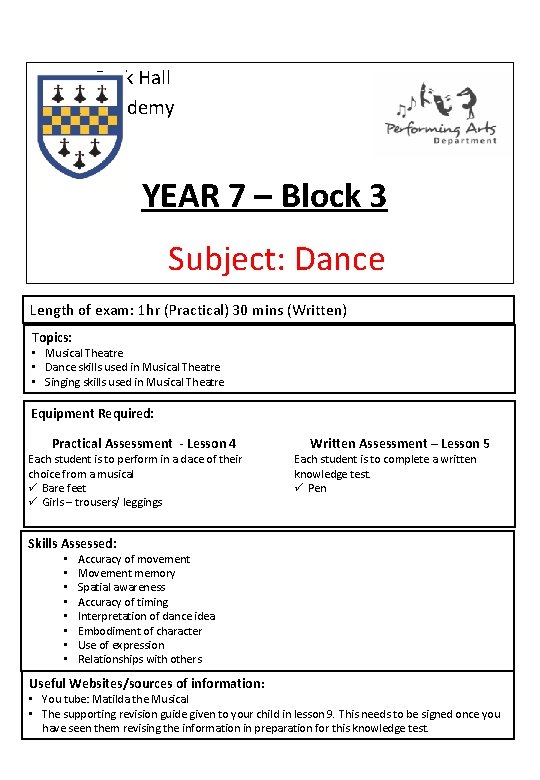 Park Hall Academy YEAR 7 – Block 3 Subject: Dance Length of exam: 1