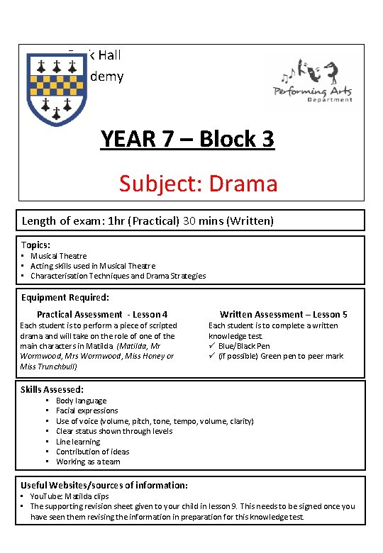 Park Hall Academy YEAR 7 – Block 3 Subject: Drama Length of exam: 1