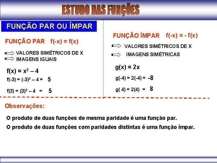 FUNÇÃO PAR OU ÍMPAR FUNÇÃO PAR f(-x) = f(x) VALORES SIMÉTRICOS DE X IMAGENS