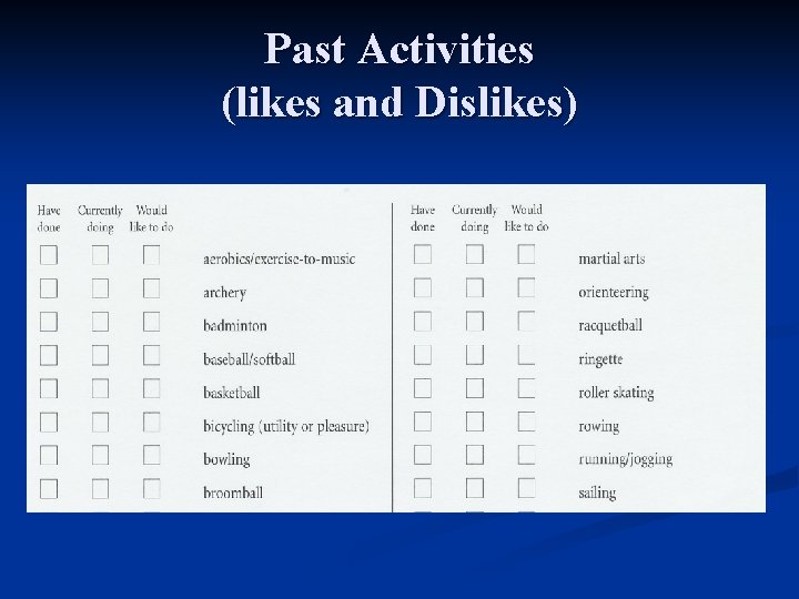 Past Activities (likes and Dislikes) 