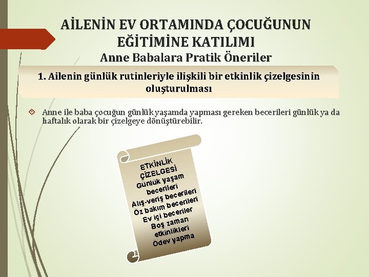 AİLENİN EV ORTAMINDA ÇOCUĞUNUN EĞİTİMİNE KATILIMI Anne Babalara Pratik Öneriler 1. Ailenin günlük rutinleriyle