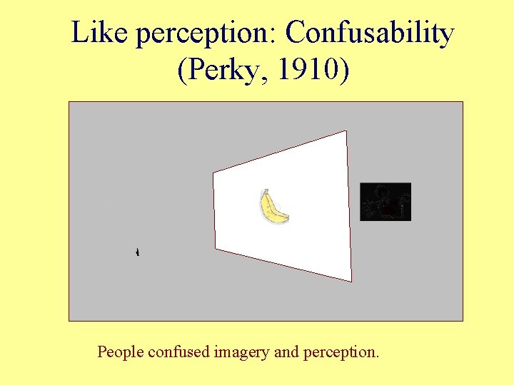 Like perception: Confusability (Perky, 1910) People confused imagery and perception. 