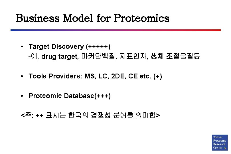 Business Model for Proteomics • Target Discovery (+++++) -예, drug target, 마커단백질, 지표인자, 생체