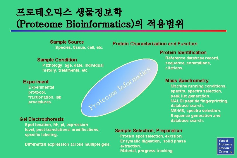 프로테오믹스 생물정보학 (Proteome Bioinformatics)의 적용범위 Sample Source Protein Characterization and Function Species, tissue, cell,