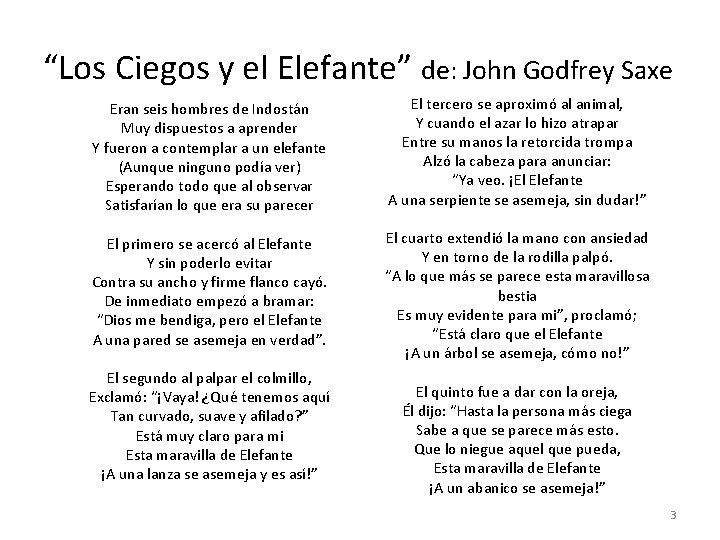 “Los Ciegos y el Elefante” de: John Godfrey Saxe Eran seis hombres de Indostán