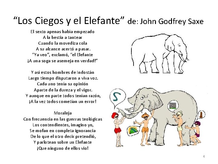 “Los Ciegos y el Elefante” de: John Godfrey Saxe El sexto apenas había empezado