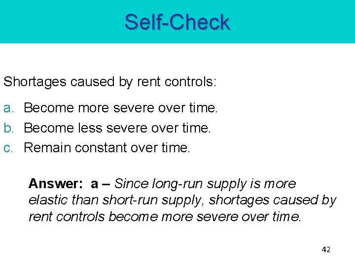 Self-Check Shortages caused by rent controls: a. Become more severe over time. b. Become