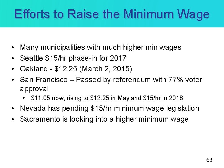 Efforts to Raise the Minimum Wage • • Many municipalities with much higher min