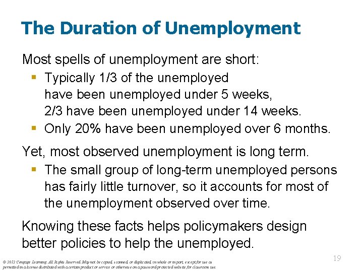 The Duration of Unemployment Most spells of unemployment are short: § Typically 1/3 of