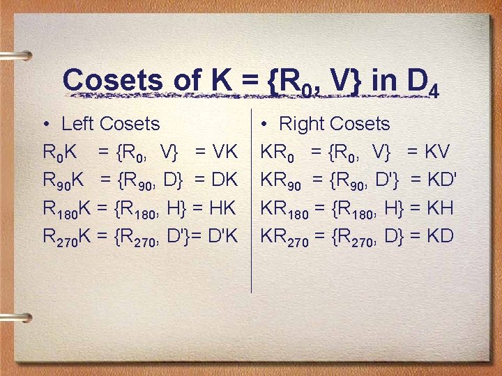 Cosets of K = {R 0, V} in D 4 • Left Cosets R