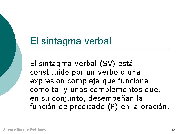 El sintagma verbal (SV) está constituido por un verbo o una expresión compleja que
