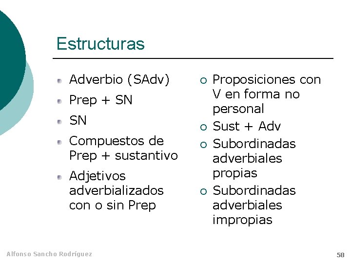 Estructuras Adverbio (SAdv) ¡ Prep + SN SN ¡ Compuestos de Prep + sustantivo