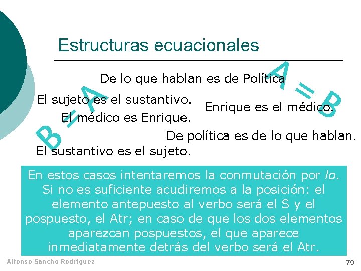 Estructuras ecuacionales A= De lo que hablan es de Política A = B El