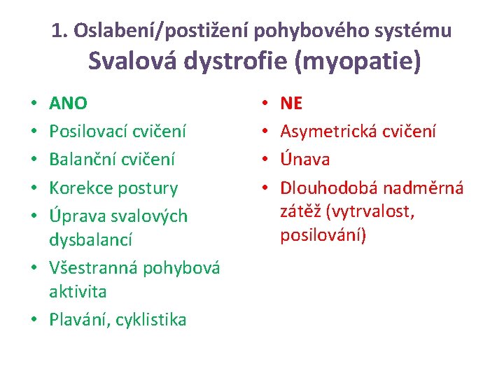 1. Oslabení/postižení pohybového systému Svalová dystrofie (myopatie) ANO Posilovací cvičení Balanční cvičení Korekce postury