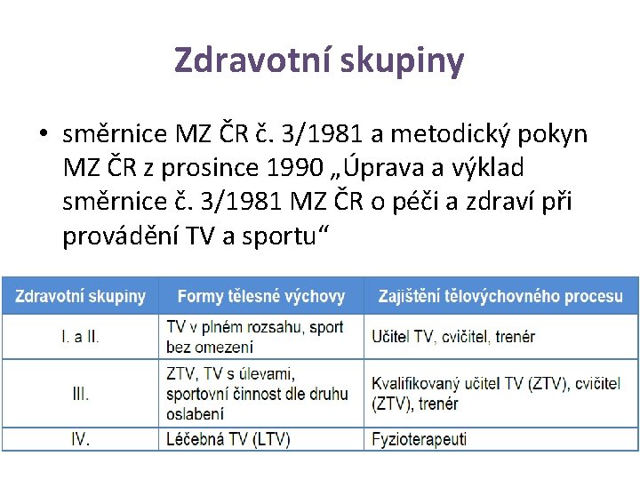 Zdravotní skupiny • směrnice MZ ČR č. 3/1981 a metodický pokyn MZ ČR z