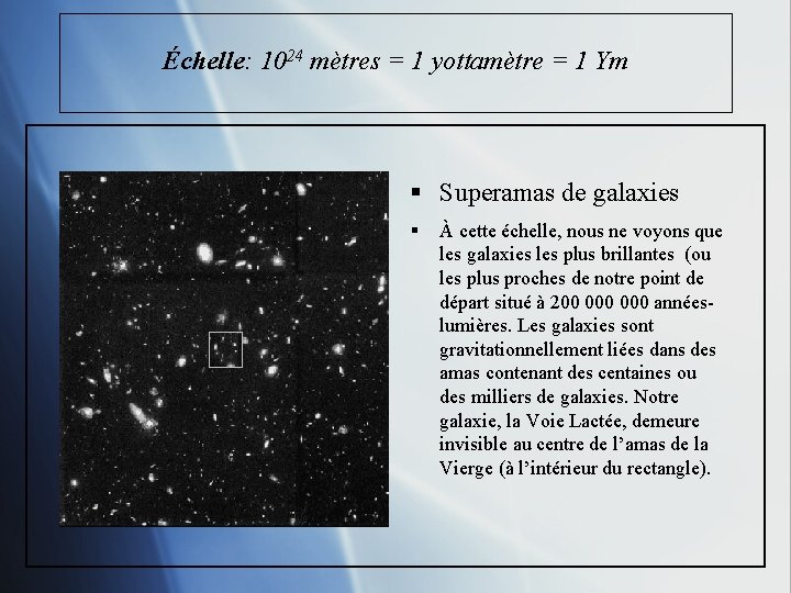 Échelle: 1024 mètres = 1 yottamètre = 1 Ym § Superamas de galaxies §