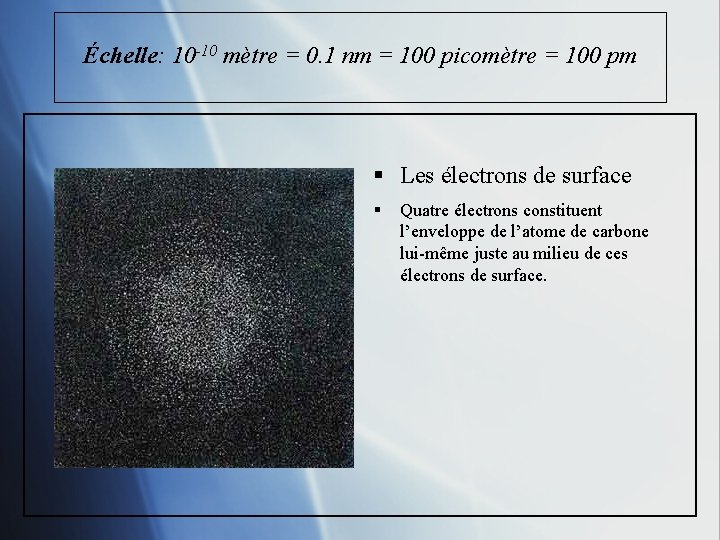 Échelle: 10 -10 mètre = 0. 1 nm = 100 picomètre = 100 pm