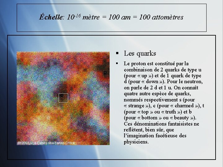 Échelle: 10 -16 mètre = 100 am = 100 attomètres § Les quarks §