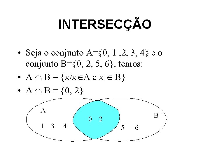 INTERSECÇÃO • Seja o conjunto A={0, 1 , 2, 3, 4} e o conjunto