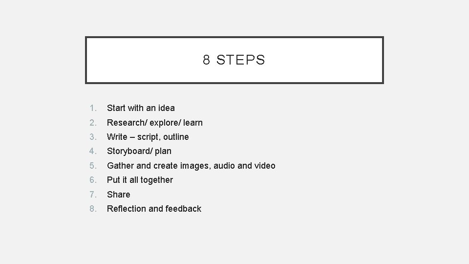 8 STEPS 1. Start with an idea 2. Research/ explore/ learn 3. Write –