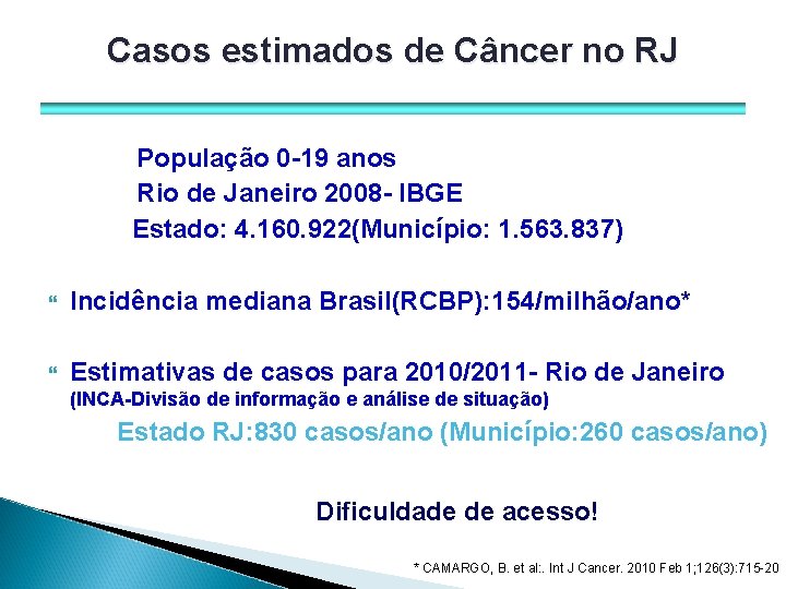 Casos estimados de Câncer no RJ População 0 -19 anos Rio de Janeiro 2008
