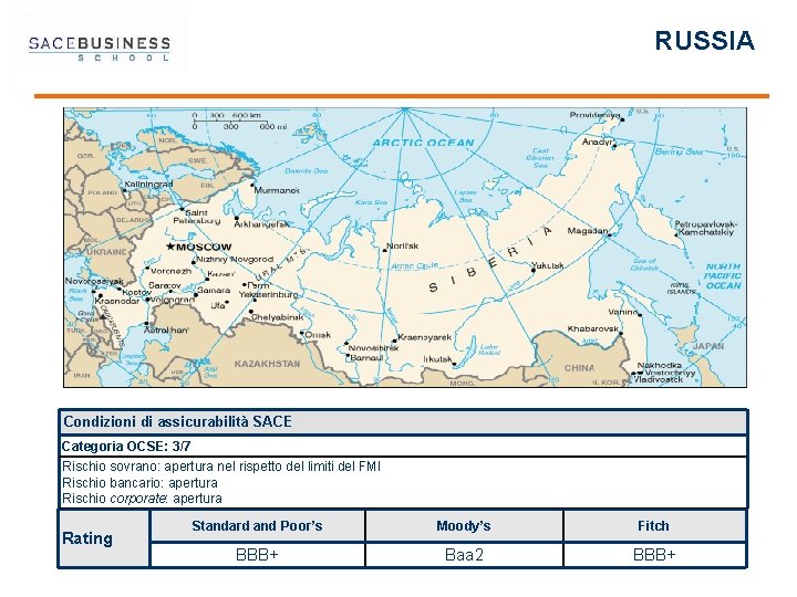 RUSSIA Condizioni di assicurabilità SACE Categoria OCSE: 3/7 Rischio sovrano: apertura nel rispetto del