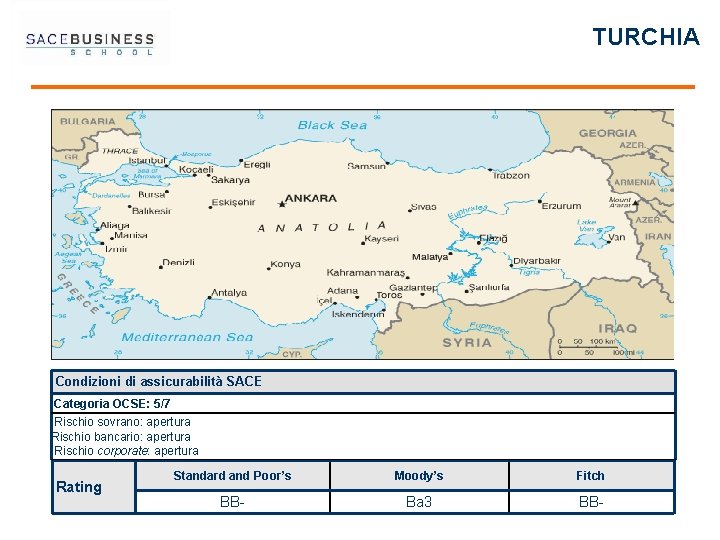 TURCHIA Condizioni di assicurabilità SACE Categoria OCSE: 5/7 Rischio sovrano: apertura Rischio bancario: apertura