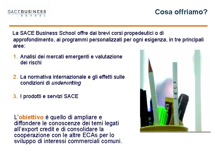 Cosa offriamo? La SACE Business School offre dai brevi corsi propedeutici o di approfondimento,