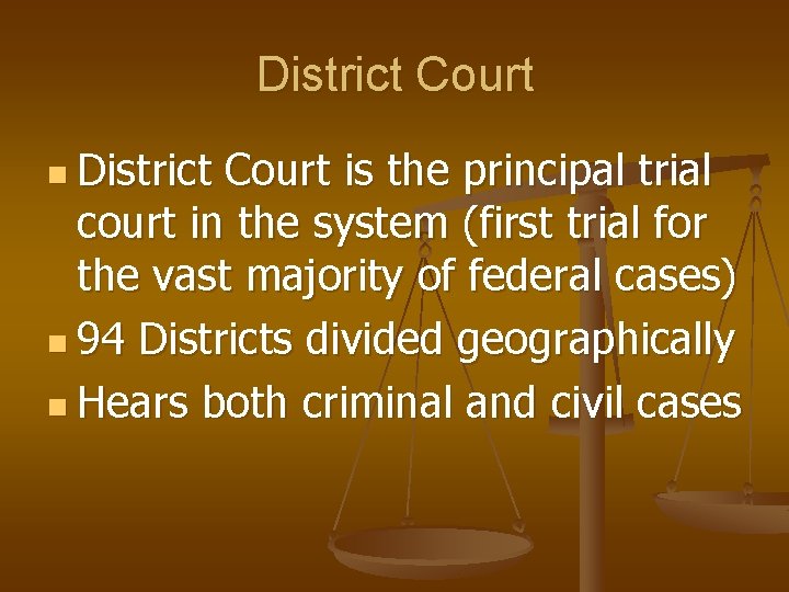 District Court n District Court is the principal trial court in the system (first