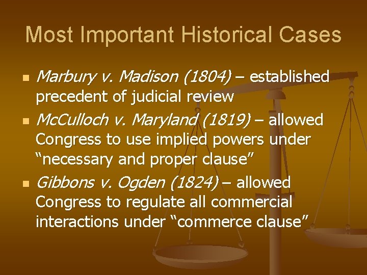 Most Important Historical Cases n Marbury v. Madison (1804) – established precedent of judicial