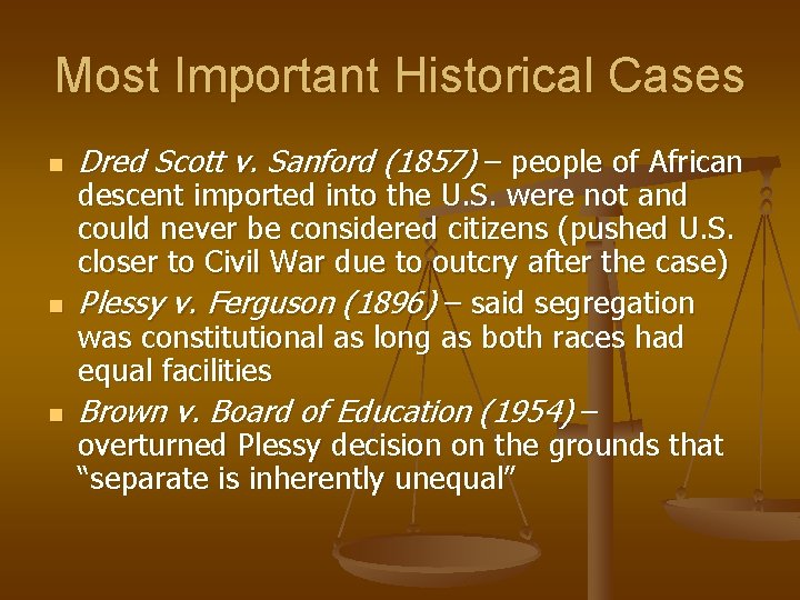 Most Important Historical Cases n n n Dred Scott v. Sanford (1857) – people