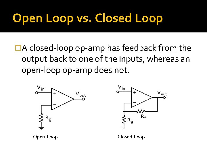 Open Loop vs. Closed Loop �A closed-loop op-amp has feedback from the output back