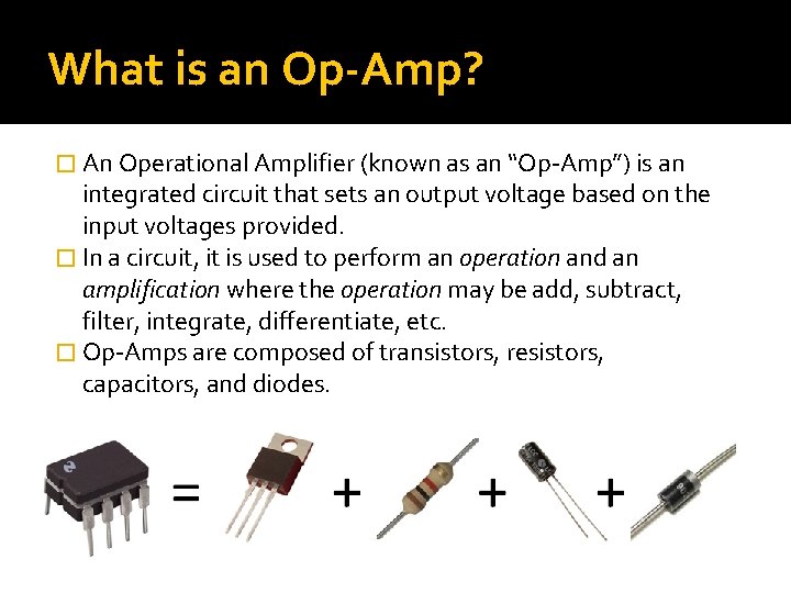 What is an Op-Amp? � An Operational Amplifier (known as an “Op-Amp”) is an