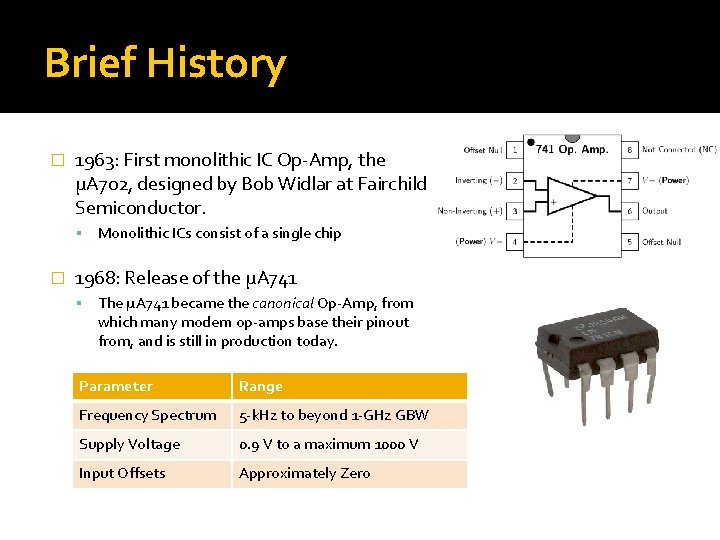 Brief History � 1963: First monolithic IC Op-Amp, the μA 702, designed by Bob