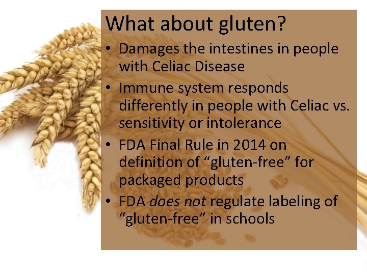 What about gluten? • Damages the intestines in people with Celiac Disease • Immune