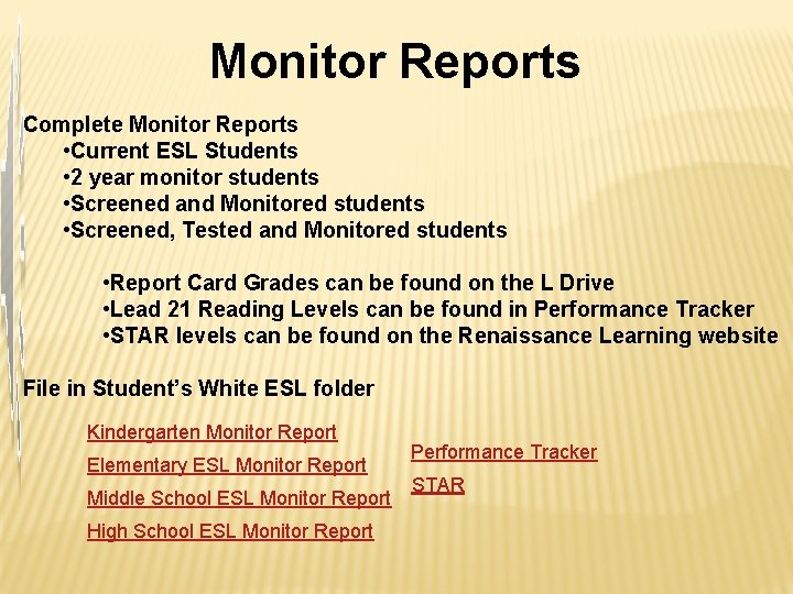 Monitor Reports Complete Monitor Reports • Current ESL Students • 2 year monitor students