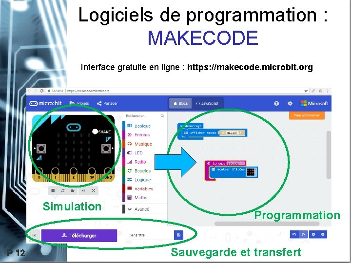 Logiciels de programmation : MAKECODE Interface gratuite en ligne : https: //makecode. microbit. org/