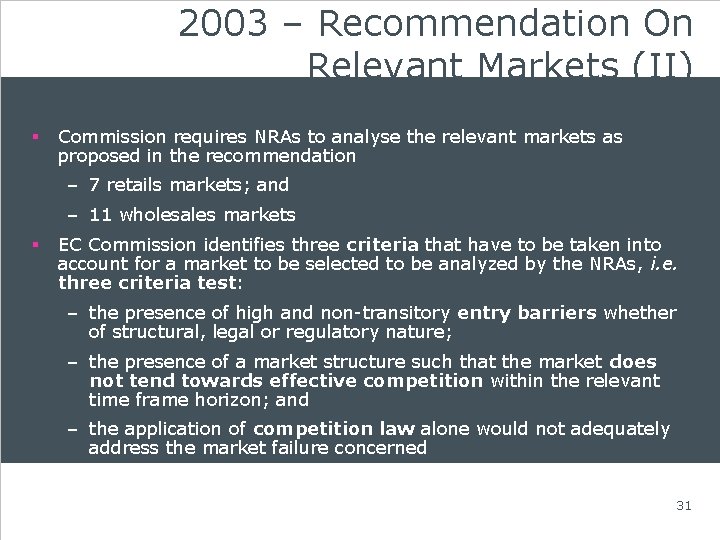 2003 – Recommendation On Relevant Markets (II) § Commission requires NRAs to analyse the