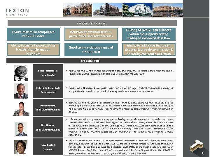 BEE SELECTION PROCESS Ensure maximum compliance with BEE Codes Inclusion of broad-based BEE participants BEE SELECTION PROCESS Ensure maximum compliance with BEE Codes Inclusion of broad-based BEE participants