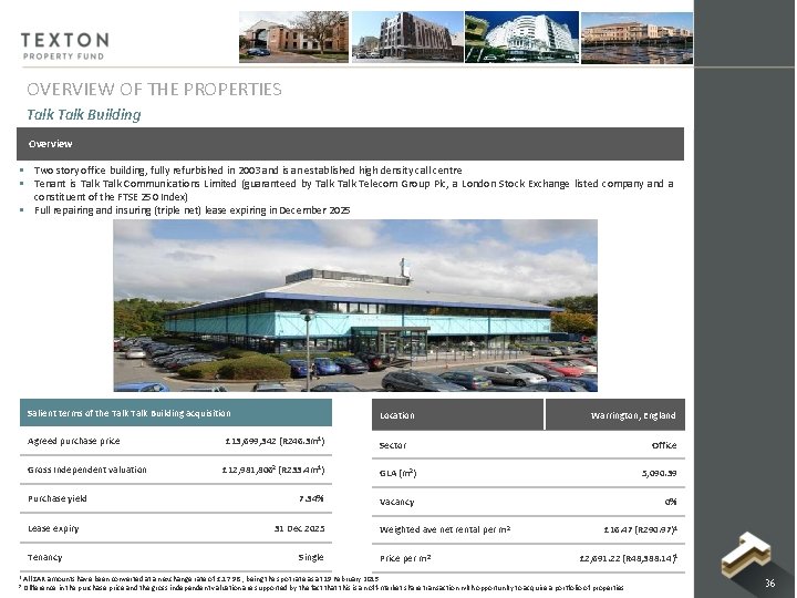 OVERVIEW OF THE PROPERTIES Talk Building Overview § Two story office building, fully refurbished OVERVIEW OF THE PROPERTIES Talk Building Overview § Two story office building, fully refurbished