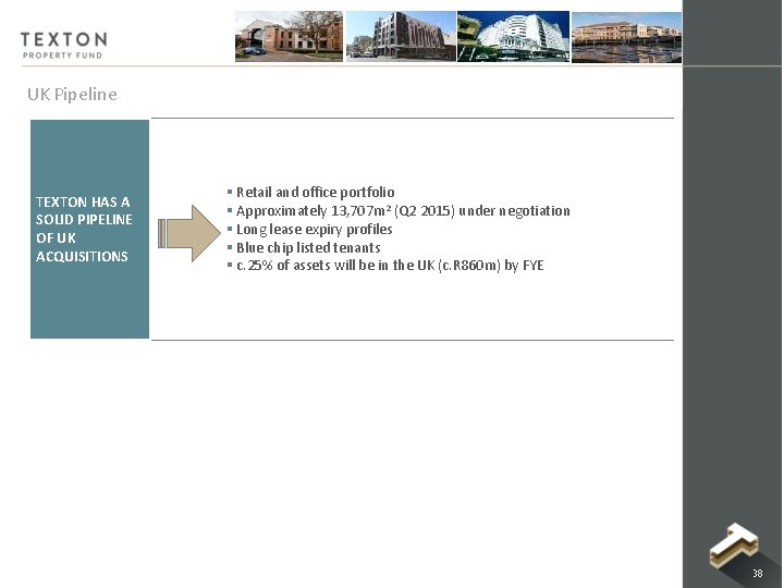 UK Pipeline TEXTON HAS A SOLID PIPELINE OF UK ACQUISITIONS § Retail and office UK Pipeline TEXTON HAS A SOLID PIPELINE OF UK ACQUISITIONS § Retail and office