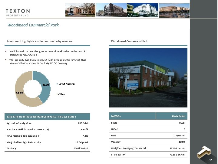 Woodmead Commercial Park Investment highlights and tenant profile by revenue Woodmead Commercial Park § Woodmead Commercial Park Investment highlights and tenant profile by revenue Woodmead Commercial Park §