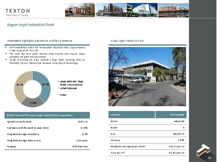 Kuper-Legh Industrial Park Investment highlights and tenant profile by revenue § § § Kuper-Legh Kuper-Legh Industrial Park Investment highlights and tenant profile by revenue § § § Kuper-Legh