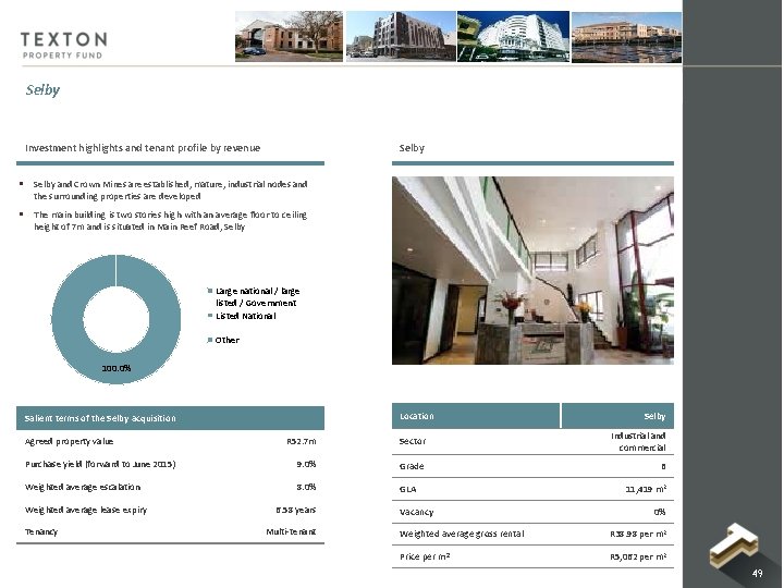 Selby Investment highlights and tenant profile by revenue Selby § Selby and Crown Mines Selby Investment highlights and tenant profile by revenue Selby § Selby and Crown Mines